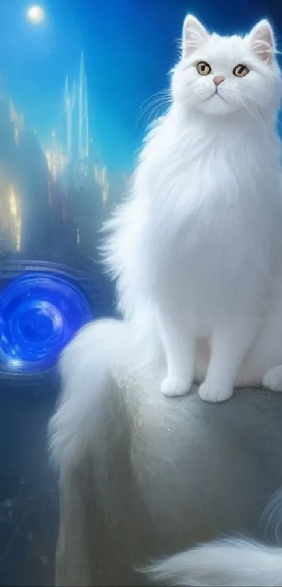 White cat sitting against a blue, futuristic backdrop.