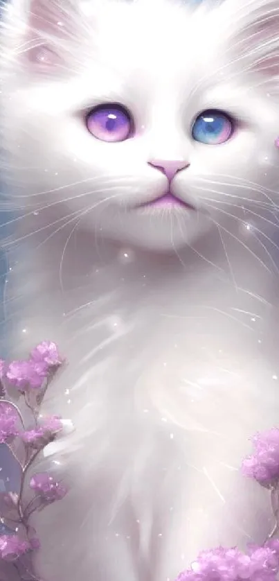 Mystical white cat with purple flowers in enchanting dreamy background.