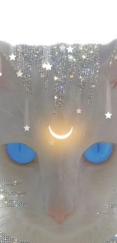 Mystical white cat with blue eyes and crescent moon on its forehead.