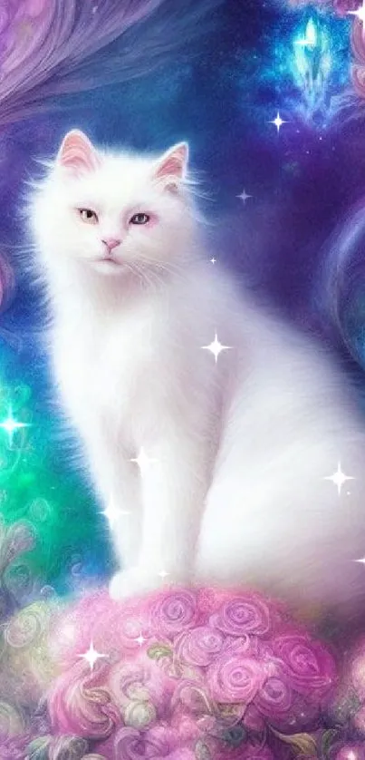 White cat in colorful mystical fantasy background.