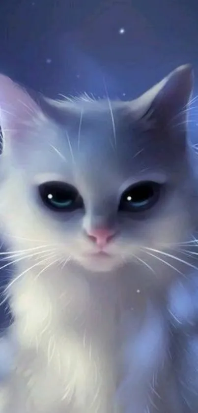 Mystical white cat with glowing eyes on blue background.