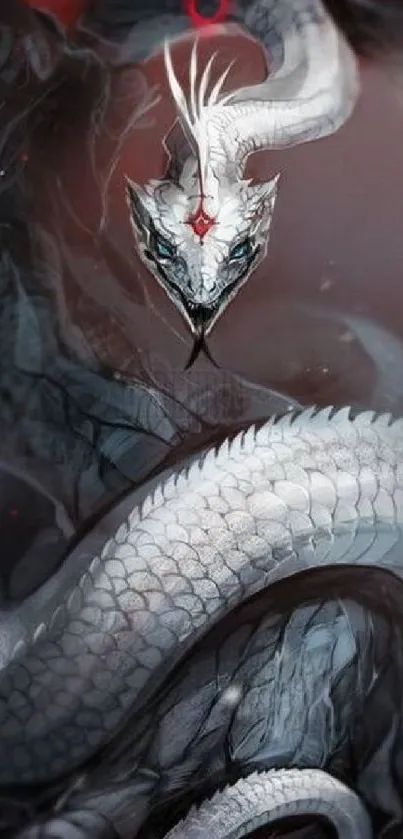 Artistic depiction of a mystical white dragon on a dark, fantasy-themed background.