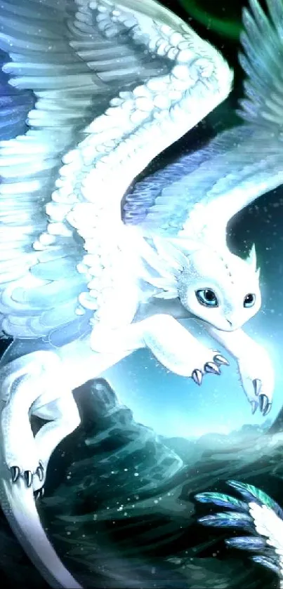 Mystical white dragon flying in a starry night sky.