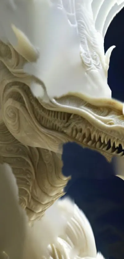 Intricate white dragon design with detailed carvings on a dark background.