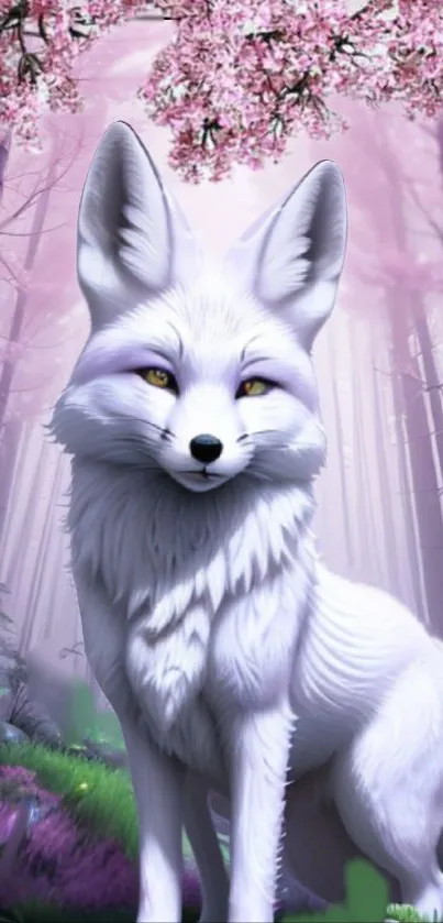 Mystical white fox in a pink cherry blossom forest.