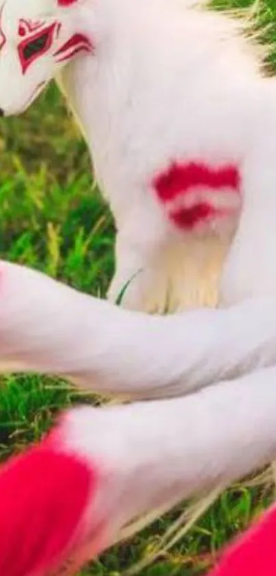 Mystical white fox with red markings and green background.