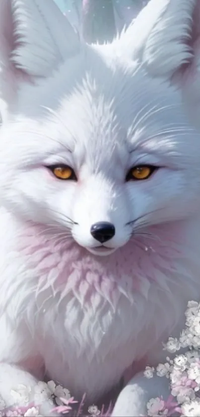 White fox with amber eyes on a dreamy floral background.