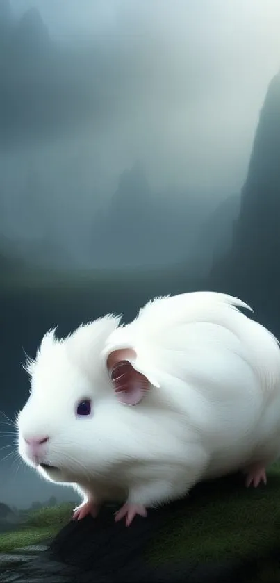 White guinea pig in a mystical landscape wallpaper.