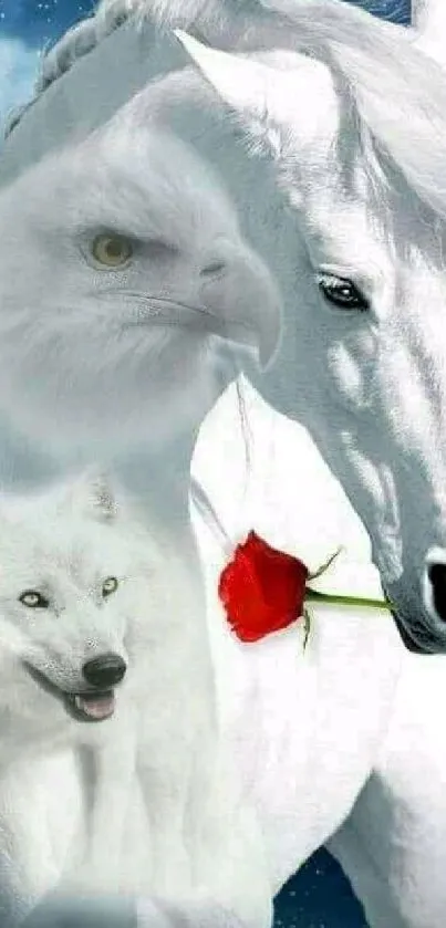 White horse, eagle, and wolf with red rose in mystical wallpaper.