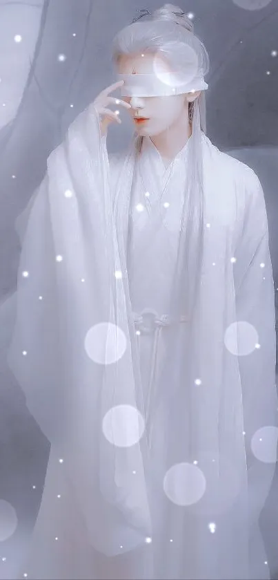 Mystical figure in a white robe with serene lavender background.