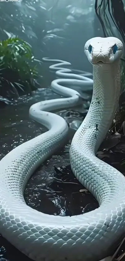 White snake slithering through a dense green forest.