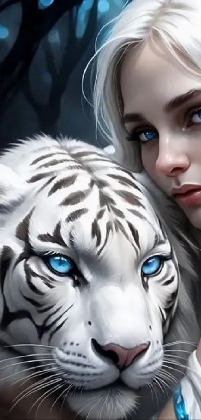 Fantasy art of white tiger and woman in forest setting.