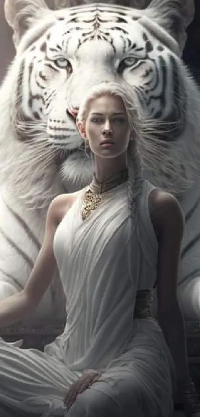 Mystical scene of a figure with a white tiger in a serene setting.