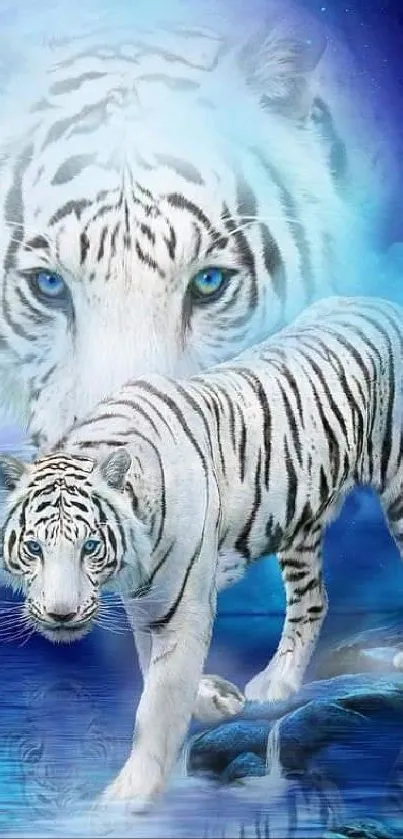 Majestic white tiger with moonlit blue background.