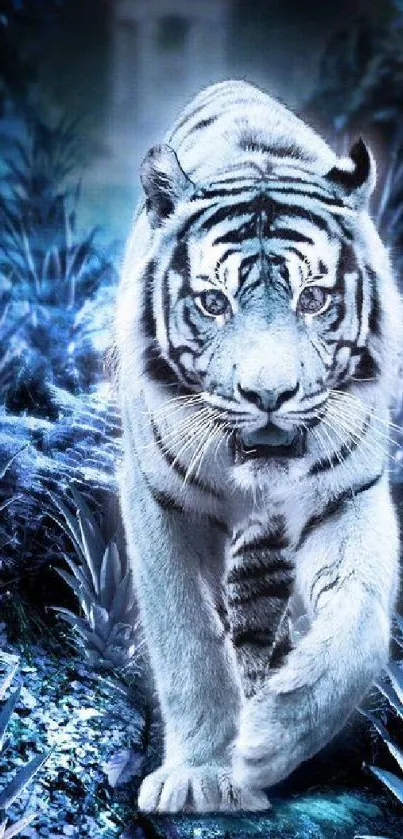 Mystical white tiger in a blue forest setting with vibrant colors.