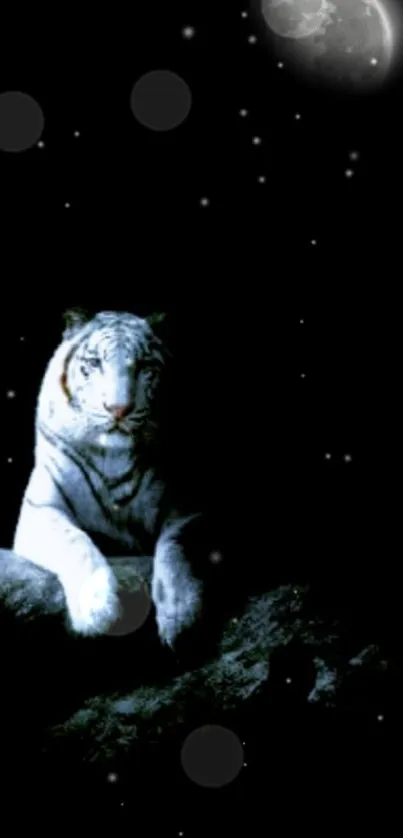 Mystical white tiger resting under a moonlit night sky.