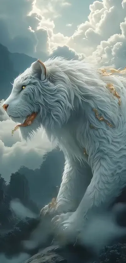 A mystical white tiger stands among ethereal clouds in a fantasy landscape.