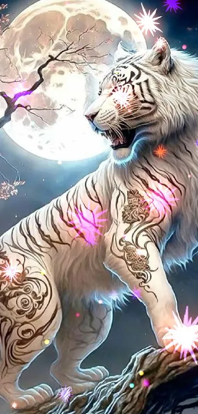 Mystical white tiger with tattoos under a luminous full moon on a branch.