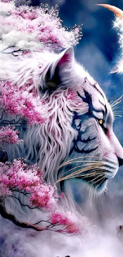 White tiger with cherry blossoms and moon, mystical mobile wallpaper.