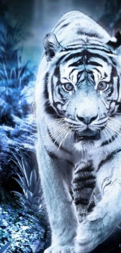 Mystical white tiger amidst blue jungle background.