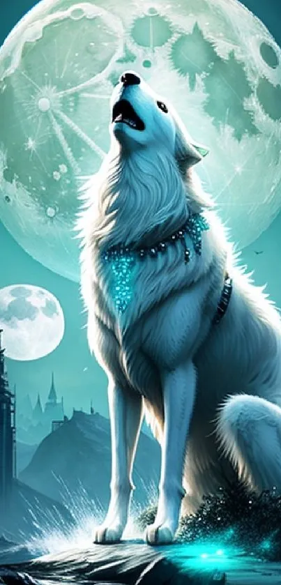 A mystical white wolf howling beneath a radiant full moon in a dramatic night scene.