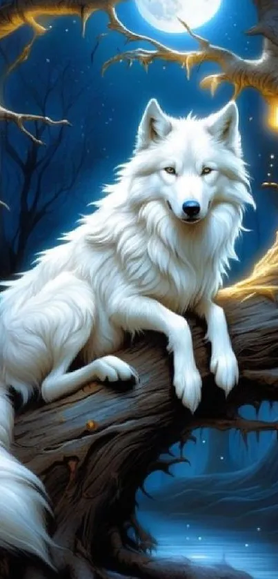 Mystical white wolf on a moonlit tree with a deep blue background.