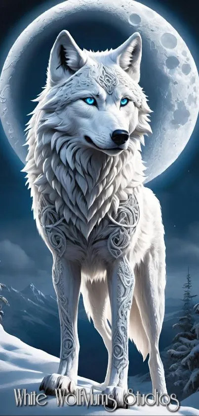 Mystical white wolf standing under a full moon, surrounded by snow.