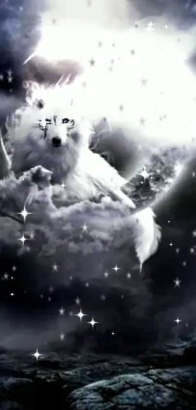 Mystical white wolf amidst stars and clouds in a cosmic night sky wallpaper.