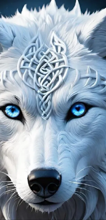 White wolf with blue eyes and mystical design on mobile wallpaper.