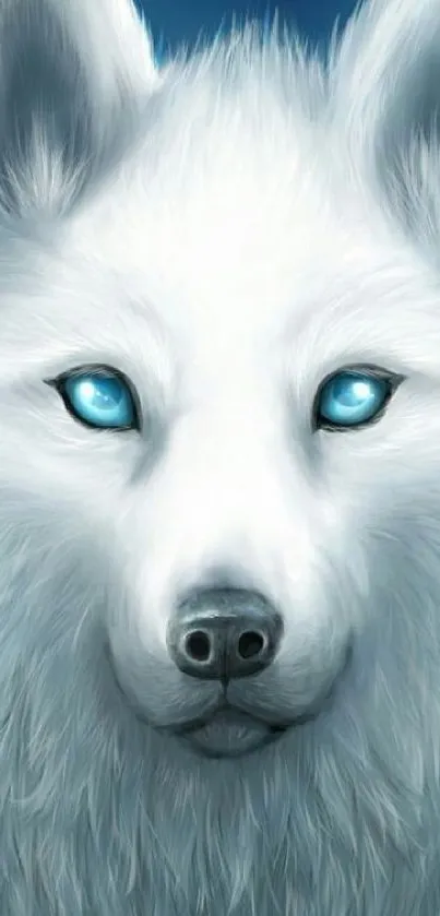 Artistic depiction of a white wolf with striking blue eyes.