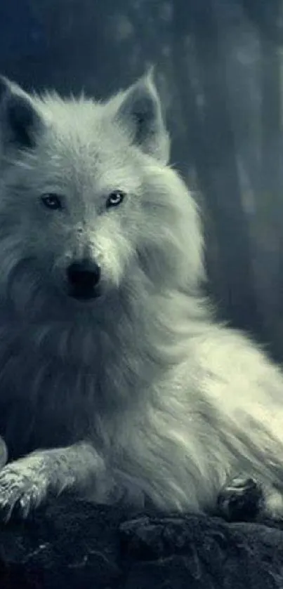 Ethereal white wolf in a mystical gray forest.