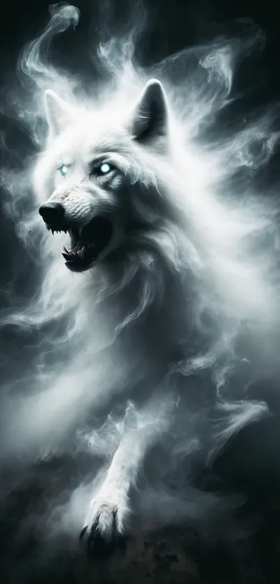 Mystical white wolf amidst ethereal mist, glowing eyes in dark ambiance.