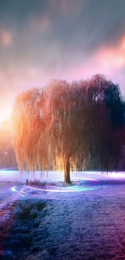 A mystical willow tree glowing in a fantasy landscape with vibrant lights.