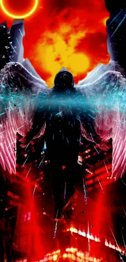 Mystical winged angel with fiery sky background.