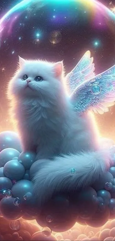 Mystical winged cat sits on a cosmic cloud in fantasy art wallpaper.