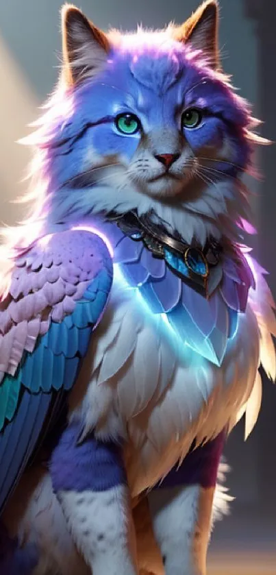 Mystical winged cat with blue and purple feathers in fantasy mobile wallpaper.