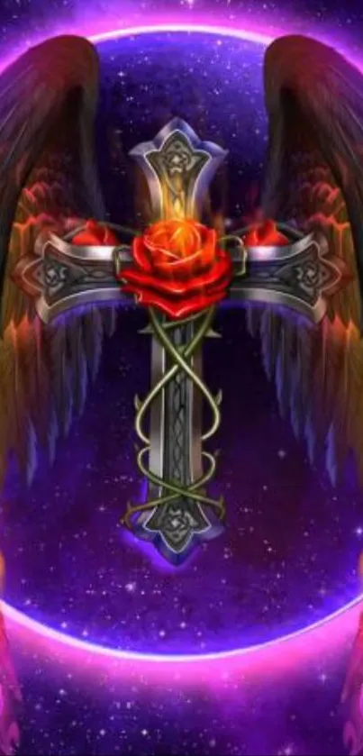 Mystical winged cross with vibrant colors and celestial background.