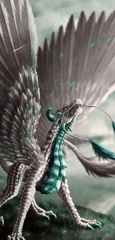 Majestic dragon with large wings in a mystical setting.