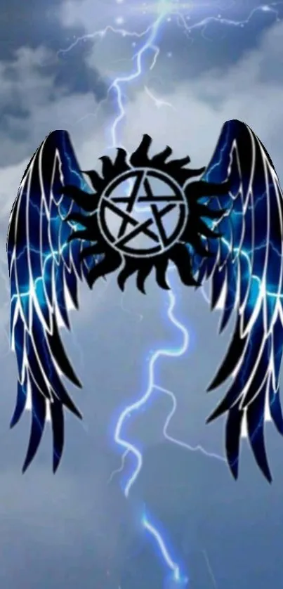 Mystical winged emblem with lightning on a stormy sky background.