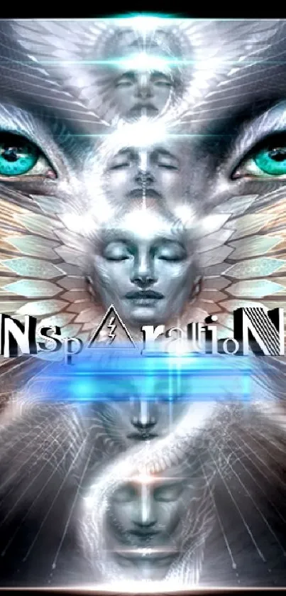 Surreal mobile wallpaper with mystical faces and wings.