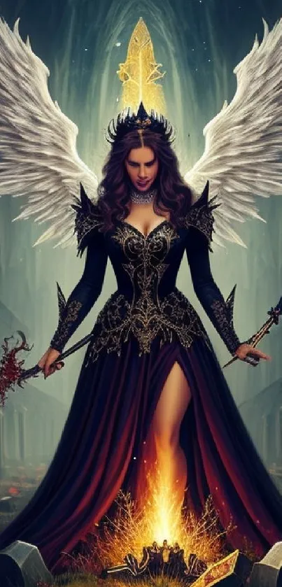 Mystical angelic figure with wings in an enchanted gothic setting.