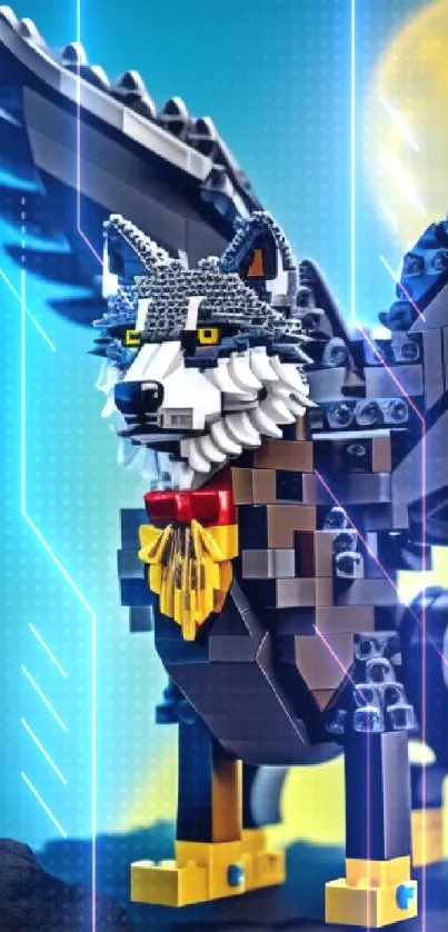 A mystical winged Lego wolf under a bright yellow moon, perfect for your phone wallpaper.