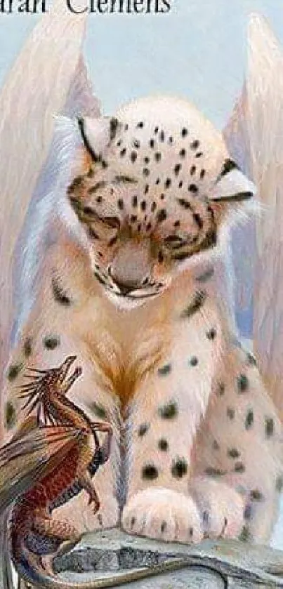 Winged leopard with dragon in pastel colors.