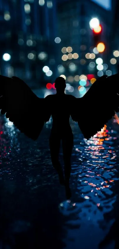 Silhouette of a winged figure in a cityscape at night.