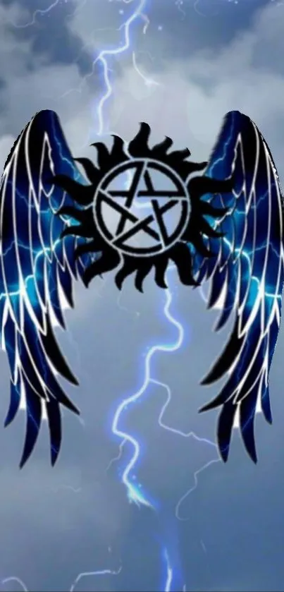 Mystical winged symbol with lightning in a dark blue sky background.