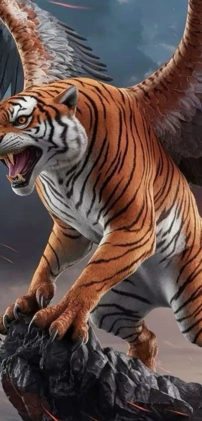 A fierce winged tiger perched on a rock with a dramatic backdrop.