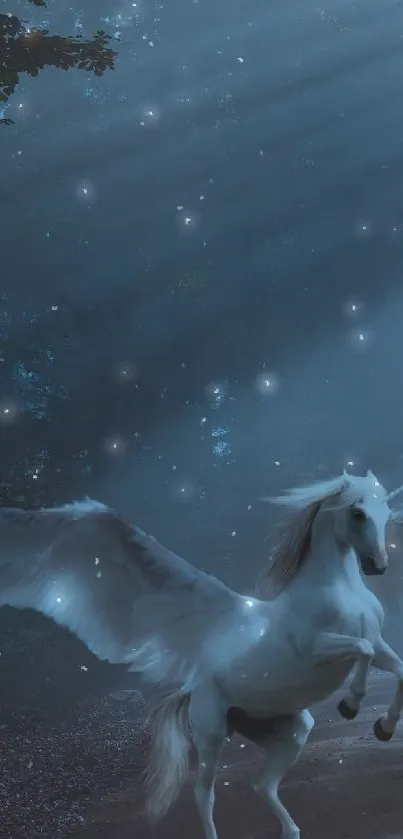 Winged unicorn in mystical forest with ethereal blue hues.