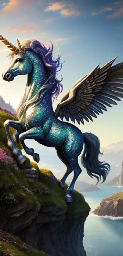 Winged unicorn standing on a cliff, overlooking an ocean and mountainous backdrop.