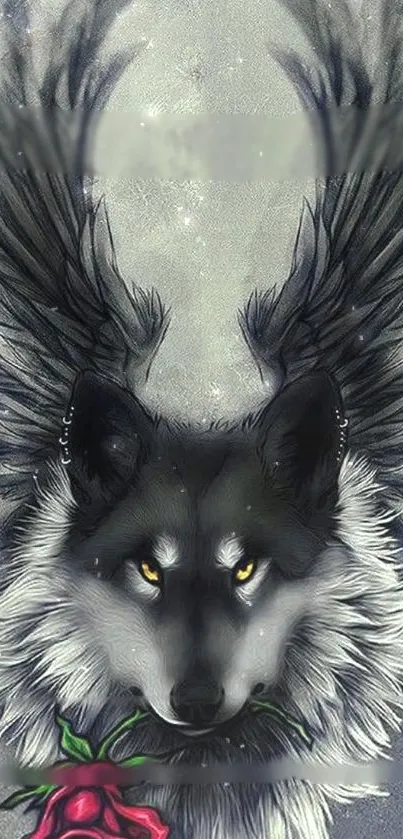 Mystical winged wolf with rose mobile wallpaper in gray tones.