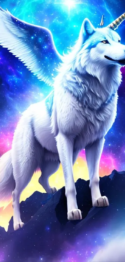 Mystical winged wolf with a unicorn horn against a cosmic backdrop.